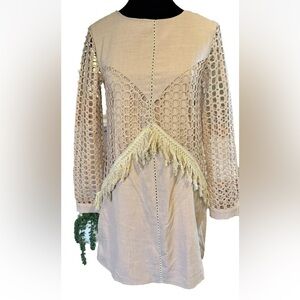 Selfie Leslie S Dress Nude Beige Crochet Fringe Detail Long Sleeves EUC!